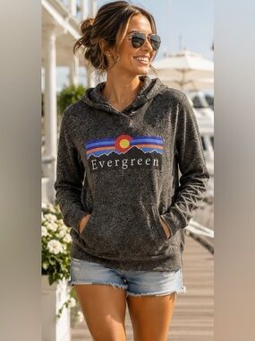 Evergreen Colorado Hoodie XL Mountain Sunrise Graphic Charcoal Gray Pullover XL